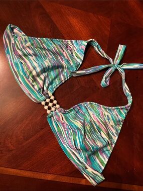 Xhilaration Teal Purple White Striped Triangle Bikini Top